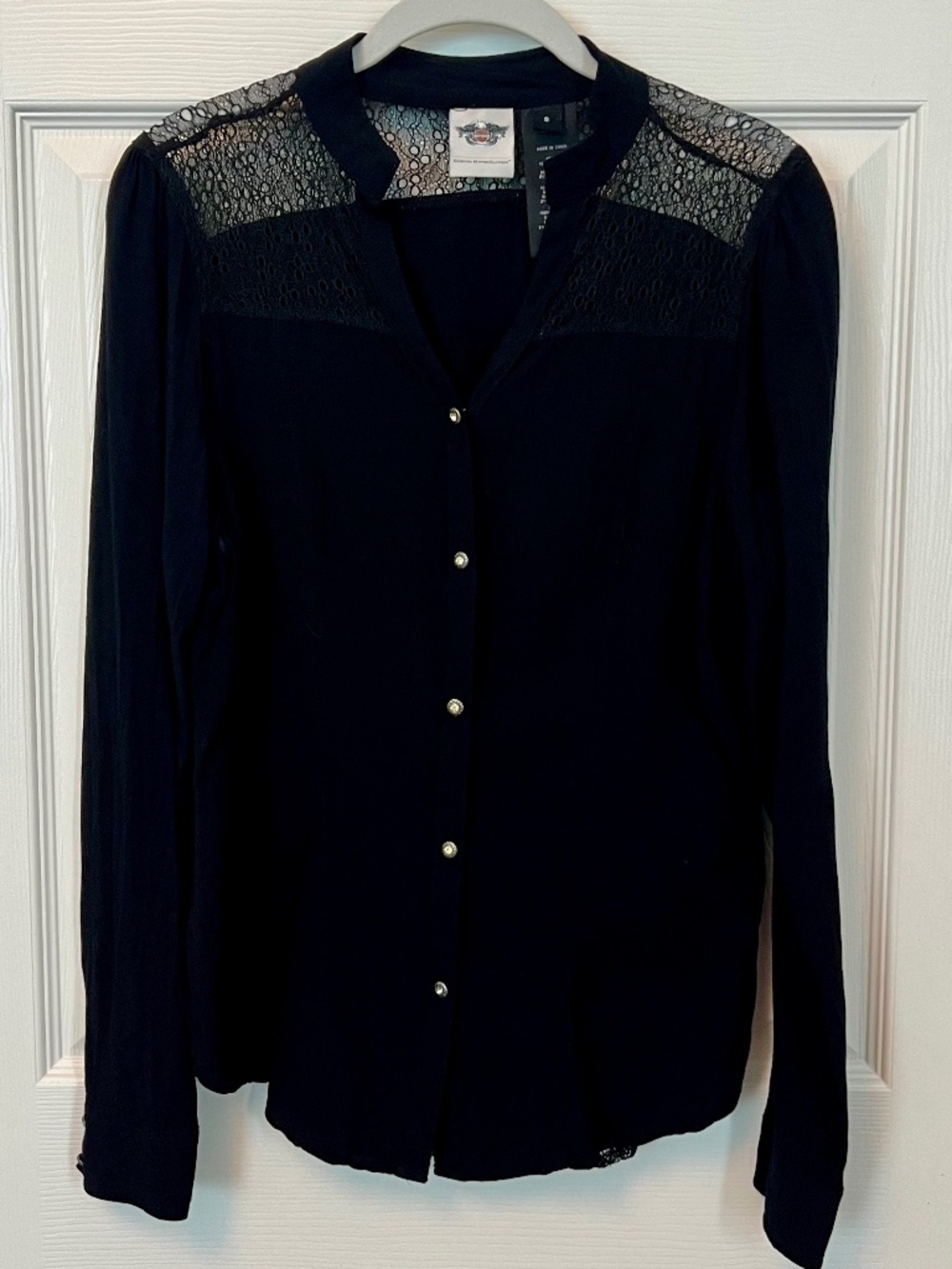 Harley Davidson Shirt S Black Lace Biker Core Goth Punk Button Up Blouse Top